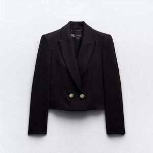 Zara Black Cropped Double-Breasted Blazer with Gold Buttons